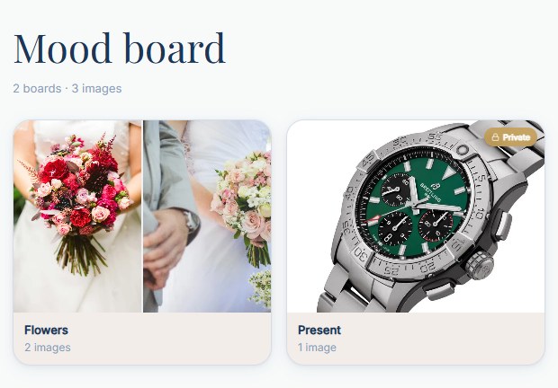 Vow mood board — a Flowers board with two wedding bouquet photos and a private Present board