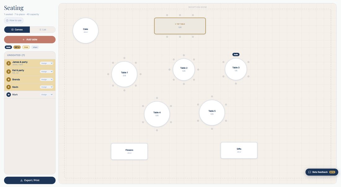 Vow seating planner — reception floor plan with drag-and-drop tables and an unseated guest list